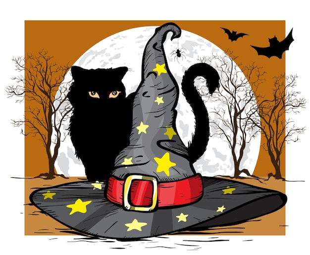 Plik wektorowy czarny kot w kapeluszu wiedźmy na tle księżyca w pełni.
