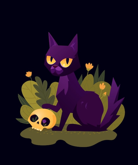 Czarny Kot Z Czaszką I Kwiatami Wektor Zły Kot Ilustracja Kota Halloween Cat Art