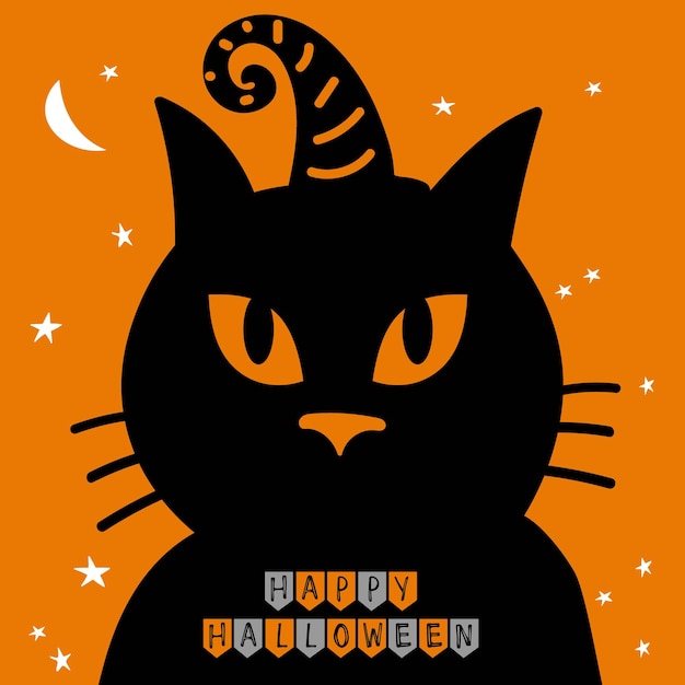 Czarny kot z kapeluszem wiedźmy i flagami Happy Halloween Trznadel na pomarańczowym tle. Trznadel Decor