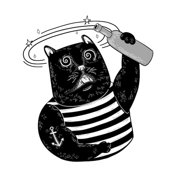 Czarny kot z zawrotami głowy z butelką alkoholu i zawrotami głowy Koci marynarz w kamizelce i z kotwicą