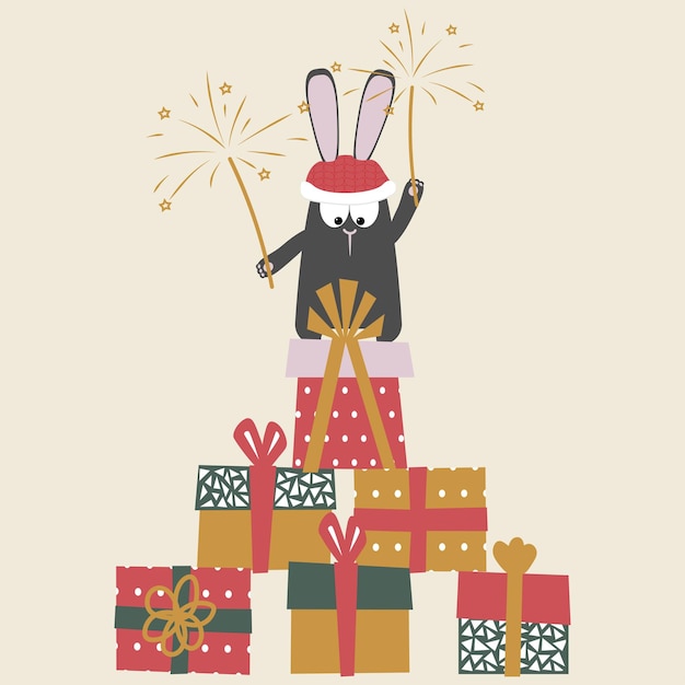 Czarny królik z fajerwerkami stoi na górze prezentów w postaci choinki