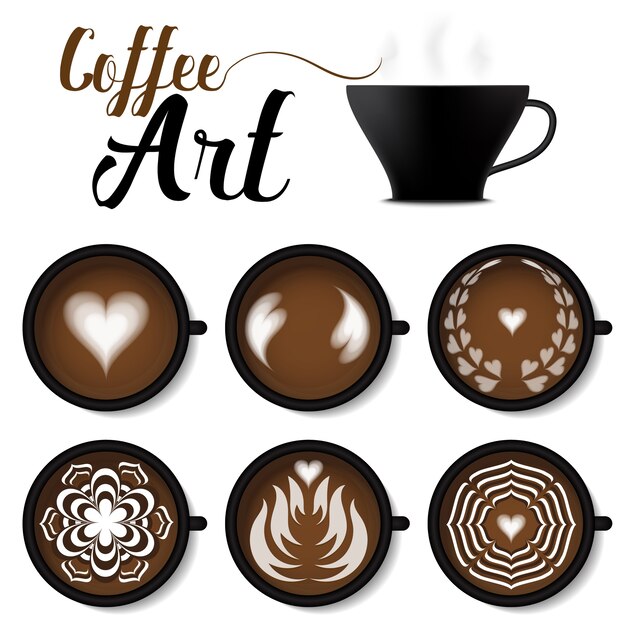 Plik wektorowy czarny kubek kawy latte art set