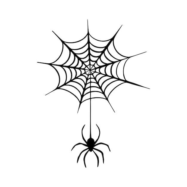 Czarny pająk zstępuje w sieci. Straszny pajęczyna symbol Halloween. Upiorny wektor na białym tle