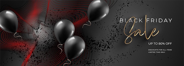 Plik wektorowy czarny piątek sprzedaż transparent. czarna eksplozja z latającymi cząsteczkami. realistyczne balony i elementy dekoracyjne