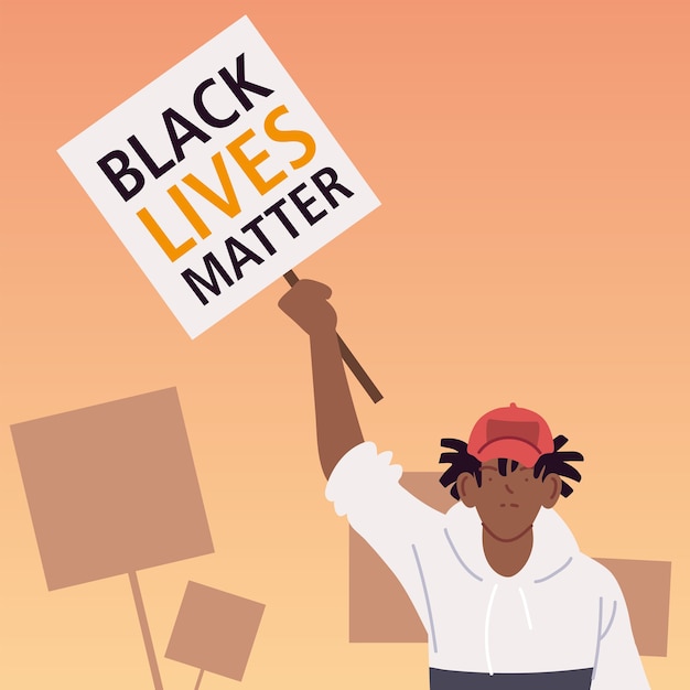 Plik wektorowy czarny sztandar materii życia z kreskówką człowieka ilustracją tematu sprawiedliwości protestacyjnej i rasizmu
