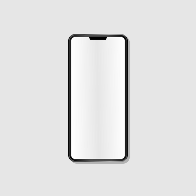 Czarny telefon z pustym ekranem jest na szarym tle.