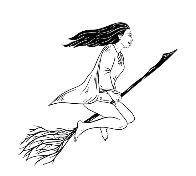 Czarownica Dziewczyna Latająca Na Miotle Ręcznie Rysowane W Ilustracji Doodlevector
