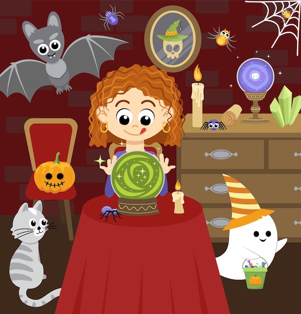Czarownica Przywołuje Magiczną Kryształową Kulę Wnętrze Kreskówki Halloween Wróżbita Płaski Wektor