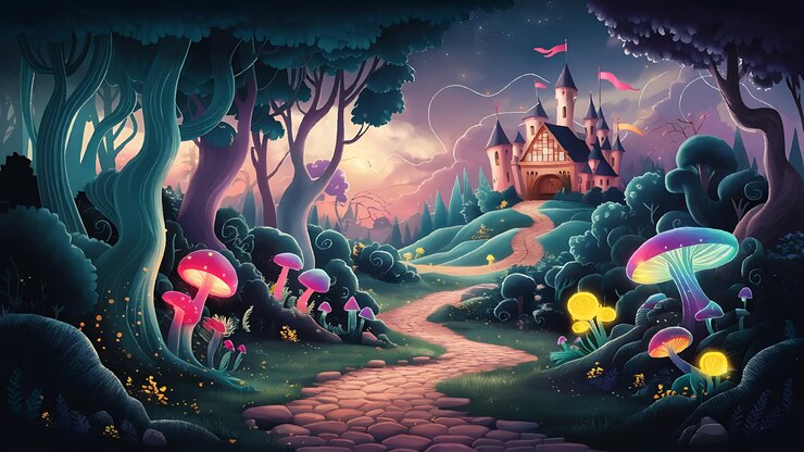 Czarujący zamek fantasy z mistycznym krajobrazem abstrakcyjnej sztuki wektorowej