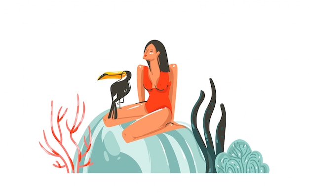 czas letni ilustracja z dziewczyną, tukan ptak na plaży na białym tle
