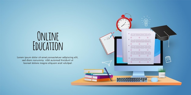 czas na edukację online z torbami, książkami komputerowymi i ołówkami