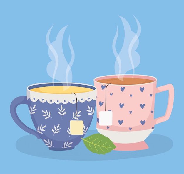 Czas na herbatę, filiżanki herbaty z torebkami herbaty liść ziołowy świeży napój