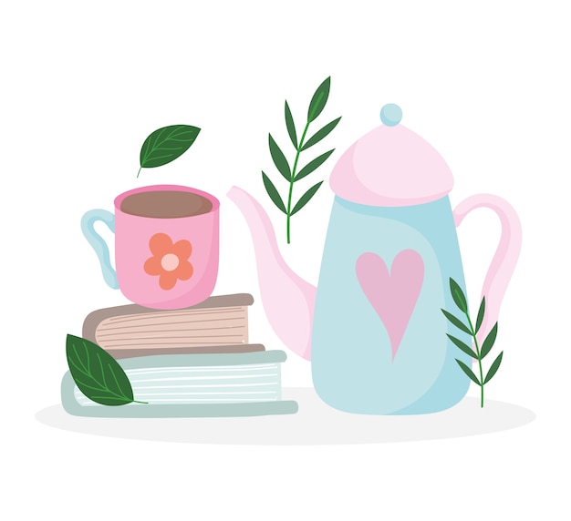 Czas na herbatę, ładny czajnik i filiżanka na książkach, ceramiczne naczynia kuchenne, ilustracja kreskówka kwiatowy wzór
