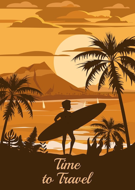 Czas Na Podróż Szczęśliwy Człowiek Z Deską Surfingową Na Wakacjach Na Plaży Cieszący Się Wakacjami Na Plaży