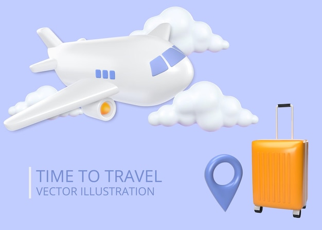 Plik wektorowy czas podróży 3d renderowanie samolotu realistyczne chmury samolotu i wektor walizki