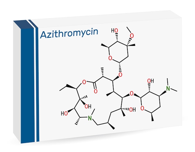 Cząsteczka azytromycyny Jest to makrolidowy antybiotyk Skeletowy wzór chemiczny Papierowe opakowania leków