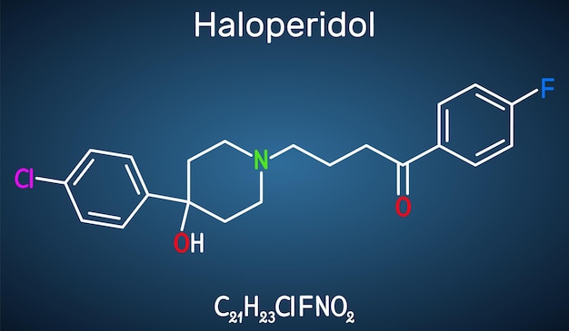 Cząsteczka haloperidolu Struktura chemiczna wzoru na ciemno niebieskim tle