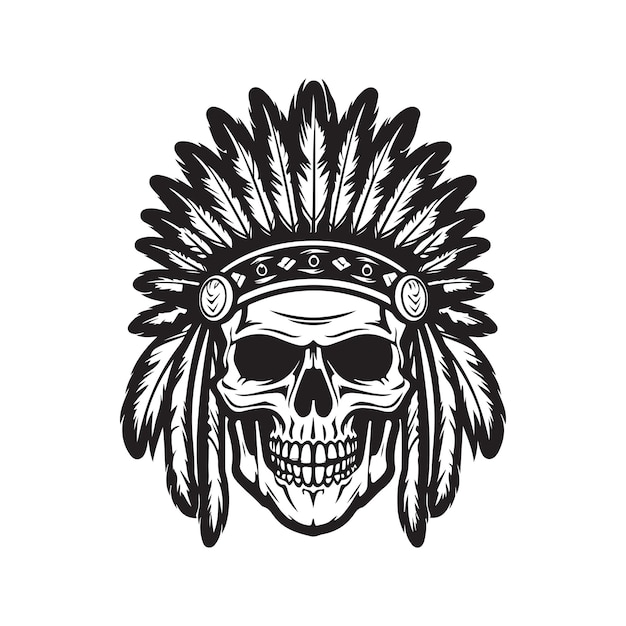 Czaszka głowa indian vintage logo koncepcja sztuki czarno-biały kolor ręcznie rysowane ilustracja