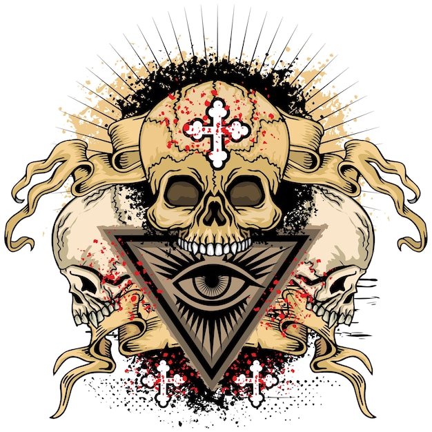 Czaszka i masoński znak z okiem grunge vintage design t shirty
