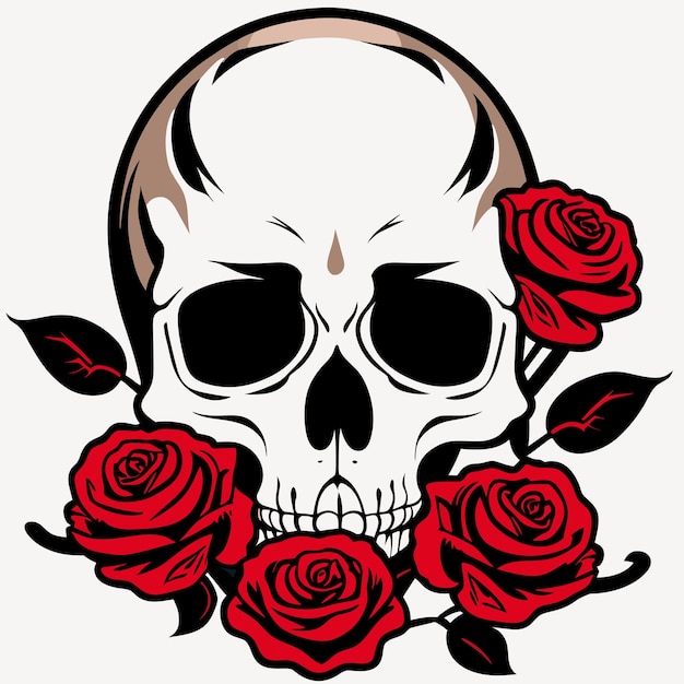 Czaszka I Róże Martwy Szkielet Głowy I Czerwone Kwiaty Ręcznie Rysowane Vintage Gotycki Tatuaż