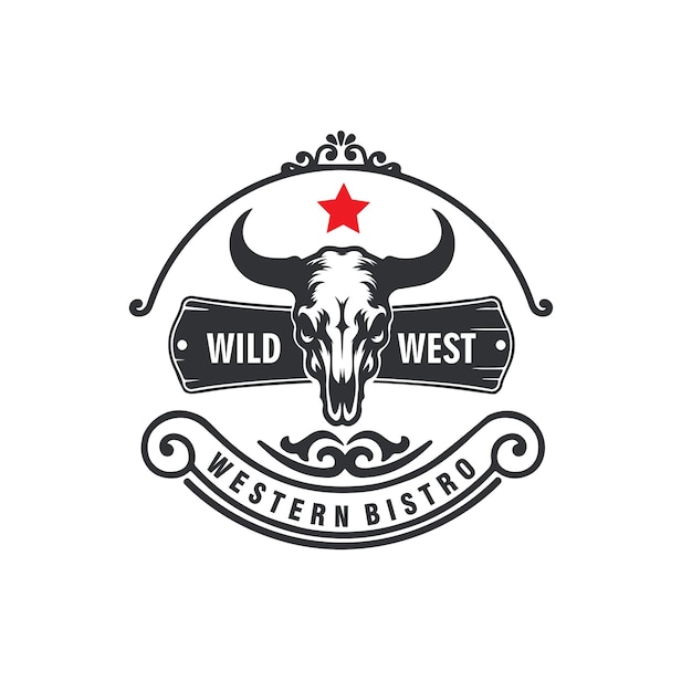 Czaszka Krowy Zachodnie Długie Rogi Wiejskie Odznaka Rancza Vintage Logo Wektorowy Graficzny