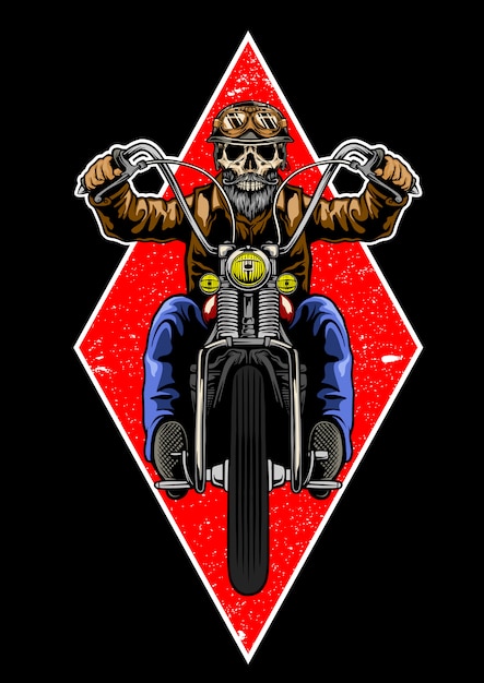 Czaszka z klasycznym kaskiem i brodą na motocyklu