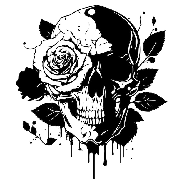 Czaszka Z Kwiatem Róży Czarny Zarys Wektor. Ludzka czaszka z rysunkiem szkicu róży, wektor tatuażu