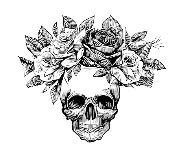 Plik wektorowy czaszka z różami ręcznie rysowane szkic ilustracji
