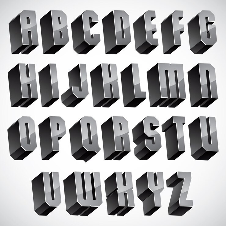 Wektor czcionka 3d, zestaw geometrycznych liter wymiarowych, monochromatyczny alfabet do projektowania.