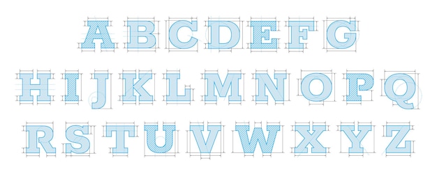 Plik wektorowy czcionka blueprint nowoczesne geometryczne litery architektoniczne wireframe tekst techniczny ze skosem