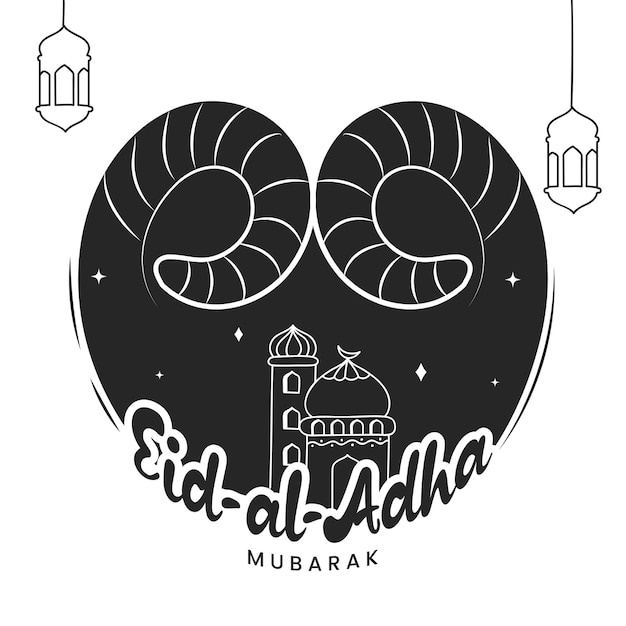Plik wektorowy czcionka eid-al-adha mubarak z ilustracją meczetu, rogiem owczym i wiszącymi lampionami