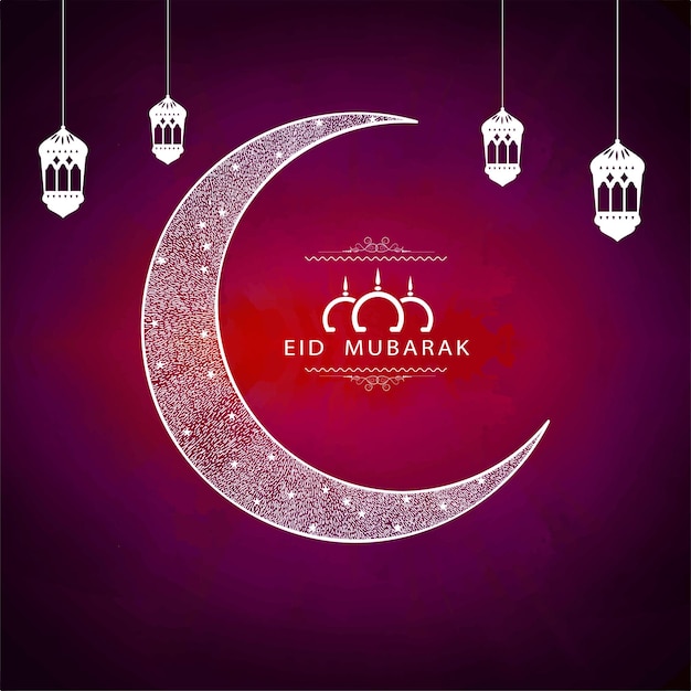 Plik wektorowy czcionka eid mubarak z meczetem gwiazd księżyca i lampionami wisi na czerwonym i fioletowym tle