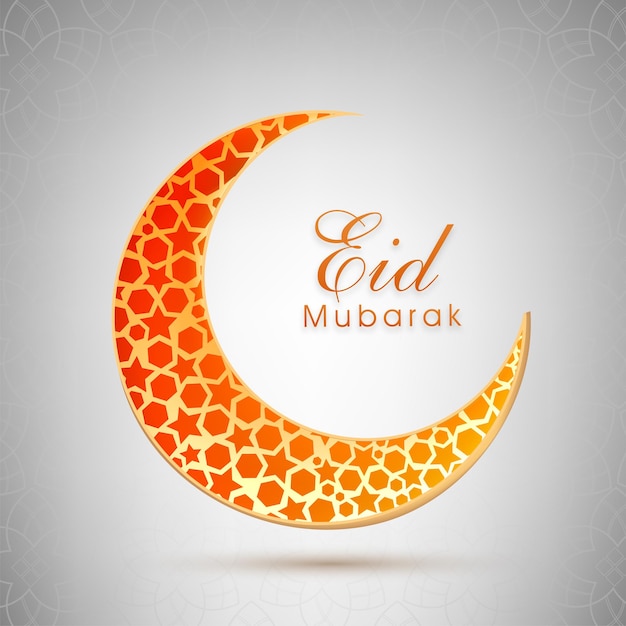 Czcionka Eid Mubarak Z Pomarańczowym Geometrycznym Półksiężycem I Wzorem Mandali Na Błyszczącym Szarym Tle