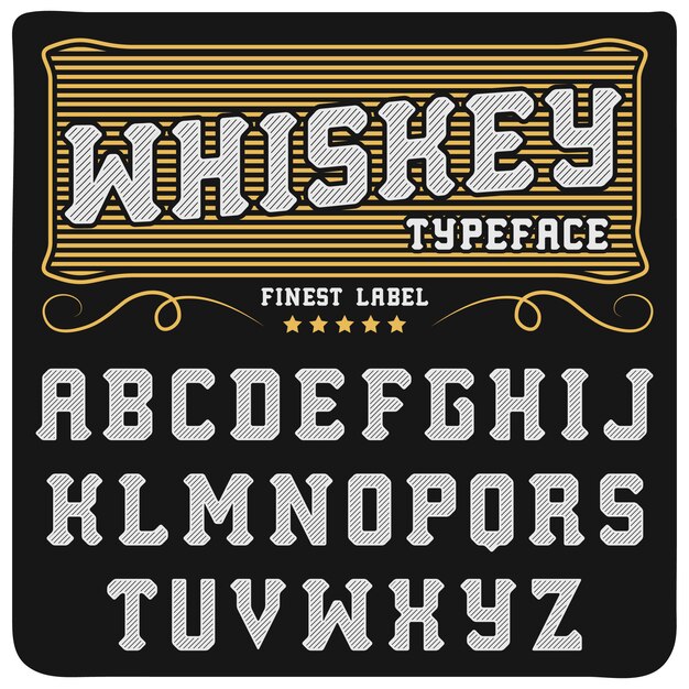 Czcionka Etykiety Whisky I Przykładowy Projekt Etykiety. Krój Pisma W Stylu Vintage W Czarno-złotych Kolorach, Edytowalny I Warstwowy