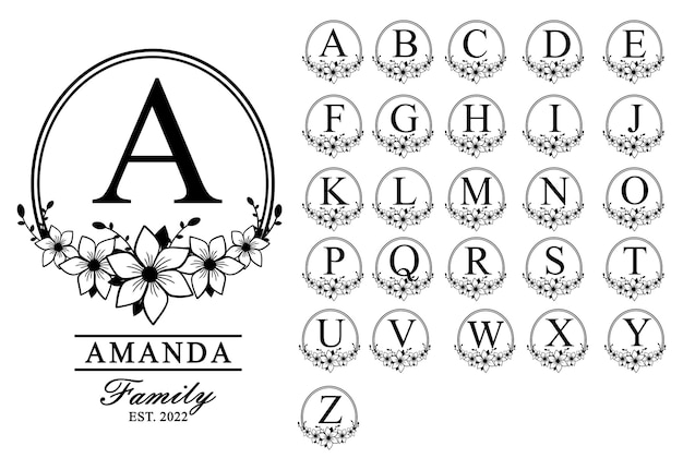 Czcionka monogramu, litery monogramu, monogram kwiatowy, alfabet monogramu, alfabet kwiatowy,