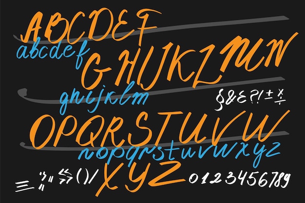 Czcionka Pędzla Kursywa Wielkie litery Cyfry Znaki interpunkcyjne