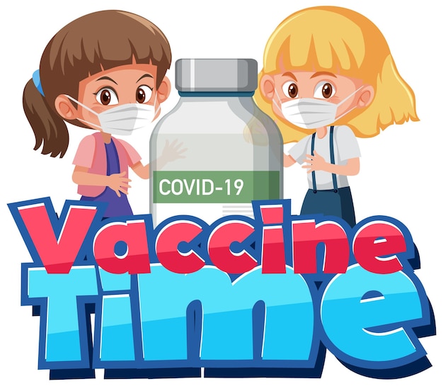 Czcionka Vaccine Time Z Dziewczynami Noszącymi Maskę I Butelkę Szczepionki Covid-19