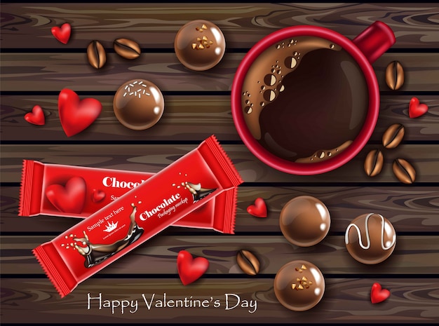 Plik wektorowy czekoladki i czerwony lollipop z kawą realistyczną, walentynkową