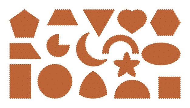 Plik wektorowy czekoladowe krakersy herbatniki ikony zestaw śniadaniową przekąskę w płaskiej kolekcji stylu kreskówka smaczne jedzenie ciasteczka różne kształty widok z góry koło kwadratowe serce ciasto cookie na białym tle ilustracja wektorowa