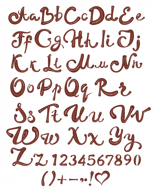 Plik wektorowy czekoladowy alfabet angielski. brown ręcznie pisany listy i liczby na białym tle