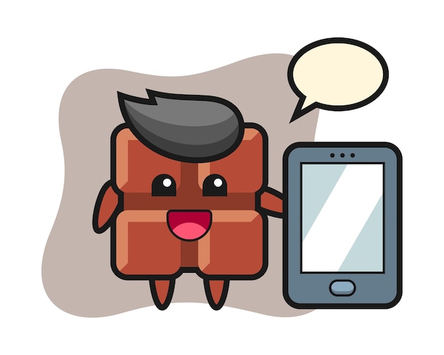 Czekoladowy Ilustracja Kreskówka Trzymając Smartfon, ładny Styl Kawaii.