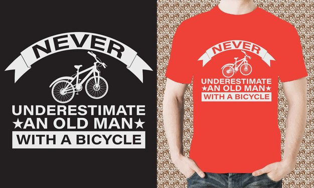 Plik wektorowy czerwona koszula, która mówi, że nigdy nie lekceważ staruszka z rowerem.