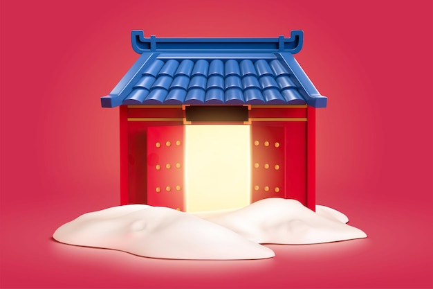 Czerwona otwarta brama w śniegu ze światłem świecącym wewnątrz 3D orientalny projekt budynku świątyni izolowany na czerwonym tle Nowa koncepcja startu i powitania