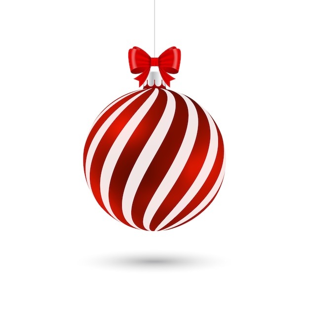 Czerwona piłka Boże Narodzenie z białymi paskami i łuk na białym tle