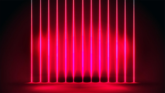 Czerwona pusta scena ze ścianą pionowych lamp neonowych na tle