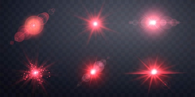 Czerwona Soczewka Flary Zestaw Izolowany Na Przezroczystym Tle Błysk Słońca Z Promieniami Reflektor I Bokeh Czerwony Blask Flary Efekt świetlny Ilustracji Wektorowych