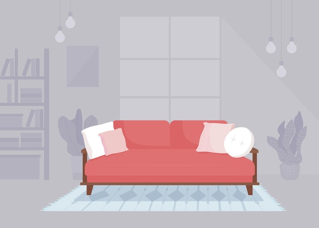 Czerwona sofa z pięknie układającymi się poduszkami w płaskim kolorze ilustracji wektorowych