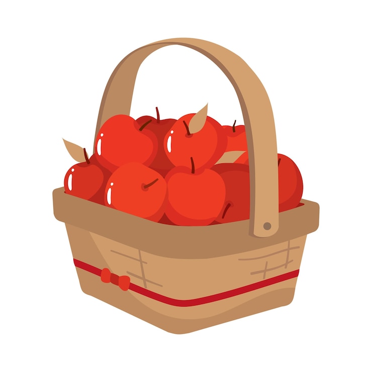Czerwone dojrzałe jabłka w wiklinowym koszu Wektor clipart białe tło