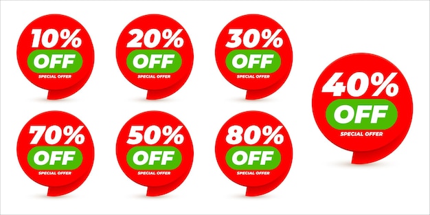 Czerwone i zielone Boże Narodzenie Specjalna oferta zniżka etykieta z różnym procentem sprzedaży 10 20 30 70 50 procent zniżki promocja odznaki