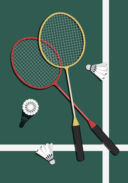 Czerwone i żółte rakiety badmintonowe i rakiety na boisku